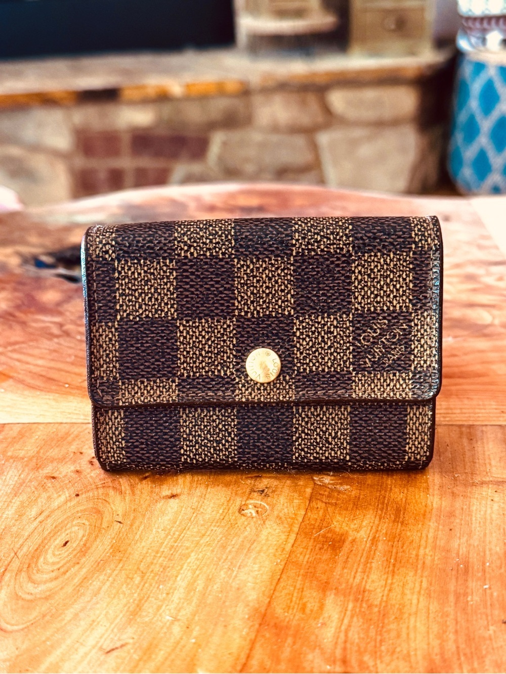 Louis Vuitton Damier Porte Monnaie Plat Coin Purse Wallet Brown